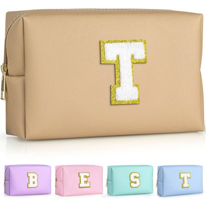 Picture of TOPEAST Preppy Stuff for Girls, Initial Makeup Bag Chenille Letter Pouch Cosmetic Bag with Zipper, PU Leather Waterproof Toiletry Bag, Cute Stuff Birthday Gift For Friends Sister (Khaki T)