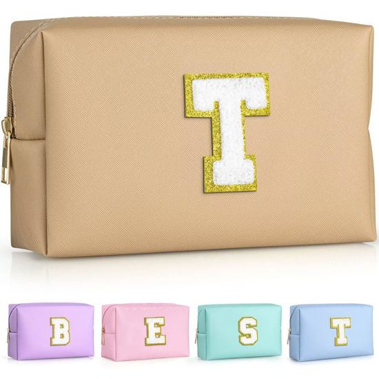 Picture of TOPEAST Preppy Stuff for Girls, Initial Makeup Bag Chenille Letter Pouch Cosmetic Bag with Zipper, PU Leather Waterproof Toiletry Bag, Cute Stuff Birthday Gift For Friends Sister (Khaki T)