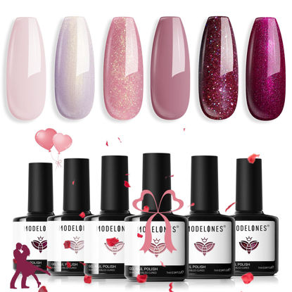 Picture of Modelones Gel Nail Polish Set, 6 Colors Rose Garden Neutral Nude Pink Gel Polish Burgundy Red Pearl White Shimmer Peach Pink Galaxy Grape-Purple Glitter Gel Polish Valentines Day Soak Off LED Gel Gift