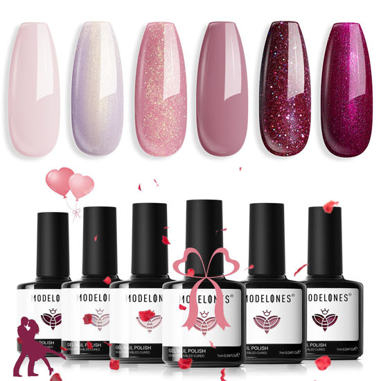 Picture of Modelones Gel Nail Polish Set, 6 Colors Rose Garden Neutral Nude Pink Gel Polish Burgundy Red Pearl White Shimmer Peach Pink Galaxy Grape-Purple Glitter Gel Polish Valentines Day Soak Off LED Gel Gift