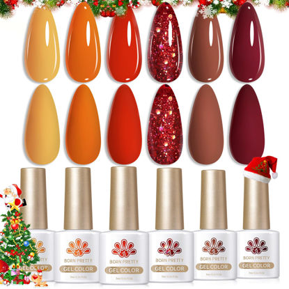 Picture of Born Pretty Fall Winter Gel Nail Polish Caramel Pumpkin Orange Brown Red Shimmer Sparkle Gel Polish Nail Art Manicure DIY Christams Gift Collection 6PCS