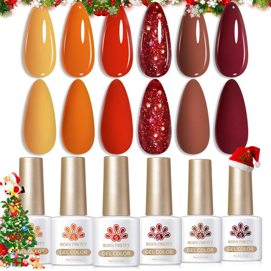 Picture of Born Pretty Fall Winter Gel Nail Polish Caramel Pumpkin Orange Brown Red Shimmer Sparkle Gel Polish Nail Art Manicure DIY Christams Gift Collection 6PCS