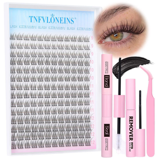 Picture of Natural Lash Extension Kit Wispy Lash Clusters Kit 168Pcs Eyelash Extension Kit 9-12MM Eyelash Clusters Lashes Individual Kit with Remover for Lash Extension, Bond and Seal and Tweezers by TNFVLONEINS