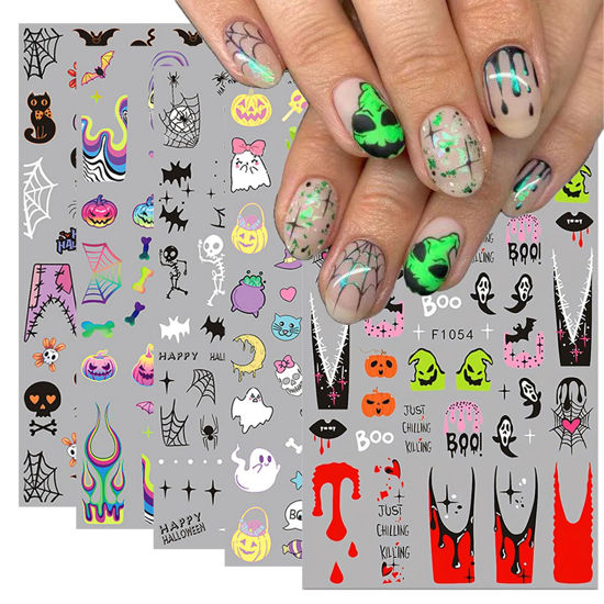 Picture of 5 Sheets Halloween Nail Art Stickers 3D Self-Adhesive DIY Nail Decal with Cute Ghost Pumpkins Skull Spider Web Design Nail Art Stickers Decal for Women Girls Halloween Nails Decoration Accessories