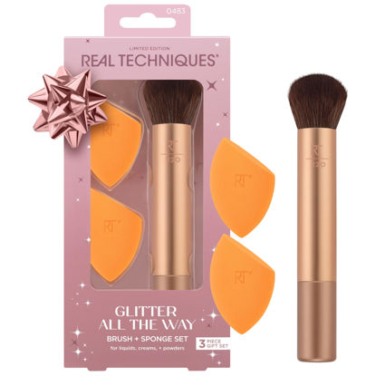 Picture of Real Techniques Glitter All The Way Brush + Sponge 3 Piece Holiday Gift Set, Makeup Sponges & Makeup Brush For Liquid & Cream Foundation, Contour, & Blush, Stocking Stuffer, Limited Edition