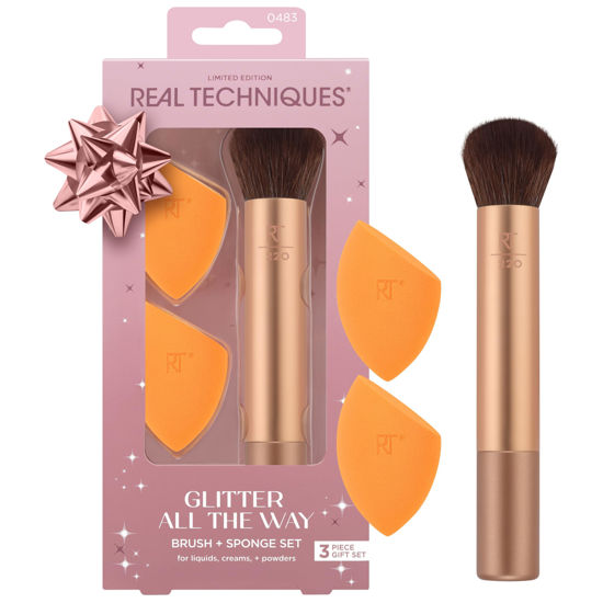 Picture of Real Techniques Glitter All The Way Brush + Sponge 3 Piece Holiday Gift Set, Makeup Sponges & Makeup Brush For Liquid & Cream Foundation, Contour, & Blush, Stocking Stuffer, Limited Edition
