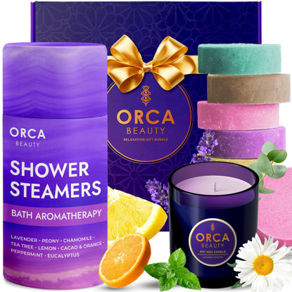 Picture of Orca Beauty 8-Pcs Shower Steamers Aromatherapy & Scented Candle - Birthday Self Care Relaxation Gifts for Women, Pampering Shower Bombs Aromatherapy, Spa Day Essentials, Christmas Purple Gift Bundle
