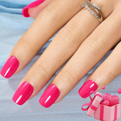 Picture of Modelones Pink Press on Nails, Chrome Short Square Fake Nails, Reusable Nail Kit with Nail Glue Adhesive Tabs Mini Nail File, Nails Press Ons 32Pcs16 Sizes, Valentine Gift