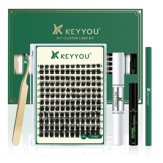 Picture of DIY Lash Extension Kit KEYYOU 144pcs Lash Clusters Eyelash Extension Kit with Mascara Brush Bond and Seal Lash Glue Remover Lash Applicators Lash Brush Clean Pad for DIY Lash Extensions (Y04 Kit)