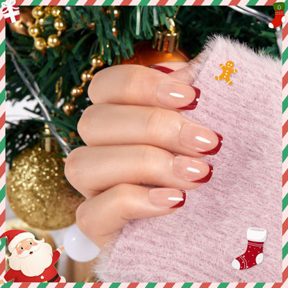 Picture of Modelones Press on Nails, Red Chrome French Short Square Fake Nails, Reusable Nail Kit with Nail Glue Adhesive Tabs Mini Nail File, Nails Press Ons 32Pcs16 Sizes