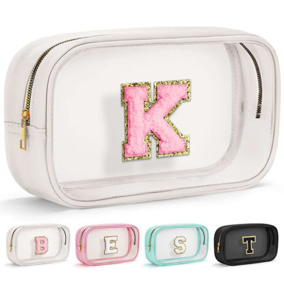 Picture of YOOLIFE Initial Make Up Bag Travel Toiletry Bag, Clear Makeup Bag Preppy Cosmetic Bag Gifts for Women Teen Girlfriend Teacher 16 Year Old Girl Gifts Daughter Gifts Swim Gifts For Girls White K