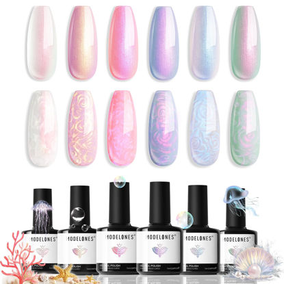 Picture of modelones Pearl Gel Nail Polish Set, 6 Colors Aurora Iridescent Shimmer White Pink Purple Mermaid Nail Drawing Gel Polish Soak Off Led Glitter Nail Gel Polish Swirl Shell Thread Effect DIY Gift