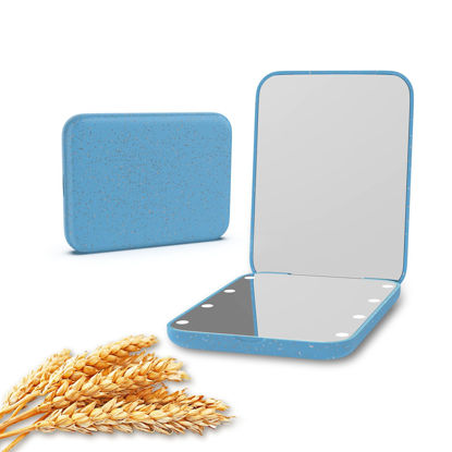 Picture of Kintion Wheat Straw Pocket Mirror, 1X/3X Magnification Travel Mirror for Purse, Lighted Plastic Fiber Mirror, Folding Handheld Mirror, Small Lighted Compact Mirror for Gift, Blue