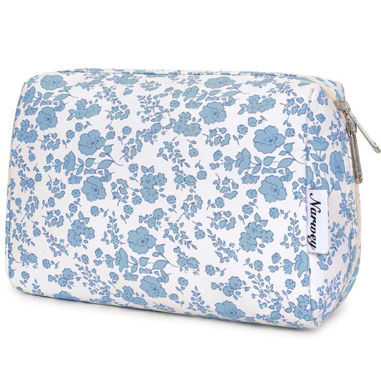 Picture of Narwey Cute Floral Makeup Bag Travel Cosmetic Bag Organizer Toiletry Bag Make Up Bags with Organized Pocket for Women (Large, Little Blue Flower)