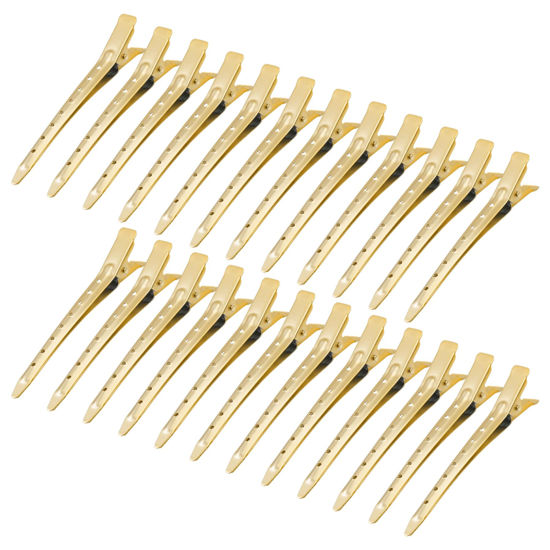 Picture of 24 Packs Duck Bill Clips, Bantoye 3.35 Inches Rustproof Metal Alligator Curl Clips with Holes for Hair Styling, Hair Coloring, Matte Gold