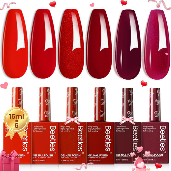 Picture of Beetles Red Gel Nail Polish Set-15ML 6 Colors Shimmer Bloody Red Burgundy Gel Polish Kit Soak Off UV Gel Nail Polish Nail Art Design DIY Valentine's Day Gift for Women Colorful Bottle Gel