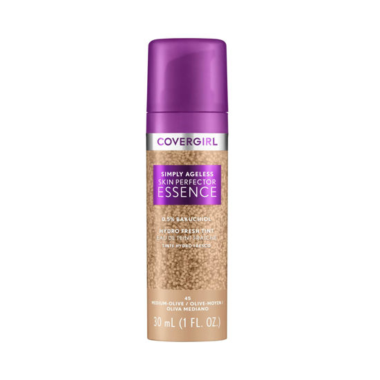 Picture of Covergirl Simply Ageless Skin Perfector Essence Foundation, 45 Medium-Olive, Tinted Skincare Makeup Hybrid, Sheer Tint, Radiant Finish, Glowy Finish, Vegan Formula, 1.0oz