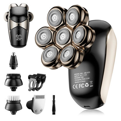 Picture of Detachable Head Shavers, SHPAVVER 5 in 1 Electric Razor IPX7 Waterproof for Bald Men, Wet Dry LED Display Rechargeable 7D Rotary Shaver Grooming Kit with Type C Charge A