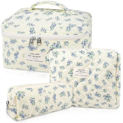Picture of Makeup Bag Set, Quilted Makeup Bag, Large Floral Cosmetic Bag for Women, Cute Cotton Makeup Bags, Flower Travel Toiletry Organizer Bag (Blue Floer)