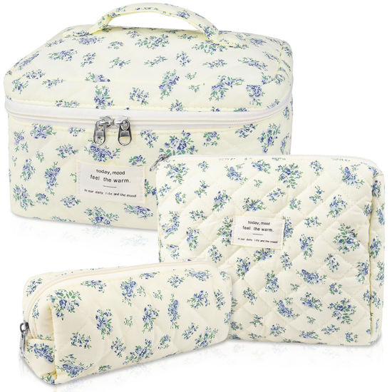 Picture of Makeup Bag Set, Quilted Makeup Bag, Large Floral Cosmetic Bag for Women, Cute Cotton Makeup Bags, Flower Travel Toiletry Organizer Bag (Blue Floer)
