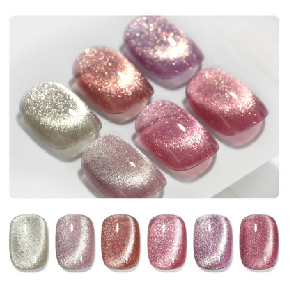 Picture of GAOY Glitter Cat Eye Gel Nail Polish Set with Magnet Pink Galaxy for Holographic Cat Eye, Salon Gel Manicure and Nail Art DIY at Home