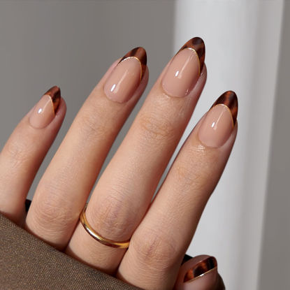 Picture of BTArtbox Press On Nails Short Almond - Winter French Tip Press On Nails, Soft Gel Fake Nails Brown, Reusable Glue On Nails with Nail Glue in 16 Sizes, Tortoise Shell