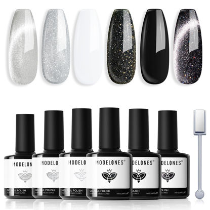 Picture of modelones Gel Nail Polish Set, 6 Colors Cat Eye Black White Gray Silver Glitter Shimmer Gel Polish Kit with Magnet Sparkle Galaxy Series Soak Off Nail Art Manicure Home Gift for Women Girl
