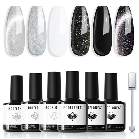 Picture of modelones Gel Nail Polish Set, 6 Colors Cat Eye Black White Gray Silver Glitter Shimmer Gel Polish Kit with Magnet Sparkle Galaxy Series Soak Off Nail Art Manicure Home Gift for Women Girl