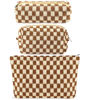 Picture of ZLFSRQ 3Pcs Checkered Makeup Bag for Women Large Cosmetic Bag Set Travel Toiletry Bag Makeup Pouch Bag for Purse Brown Zipper Storage Bag Organizer Cute Small Aesthetic Girls Car Essentials Bag