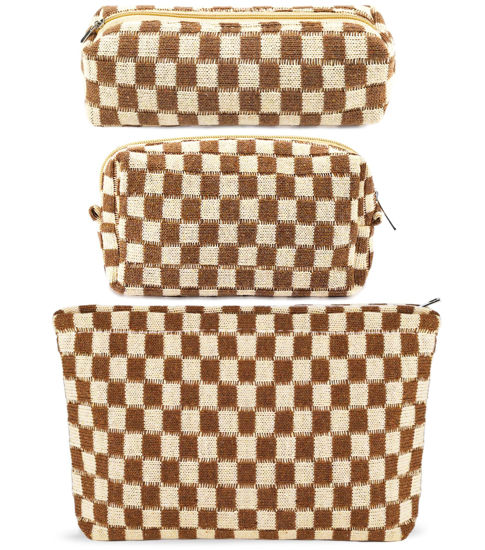 Picture of ZLFSRQ 3Pcs Checkered Makeup Bag for Women Large Cosmetic Bag Set Travel Toiletry Bag Makeup Pouch Bag for Purse Brown Zipper Storage Bag Organizer Cute Small Aesthetic Girls Car Essentials Bag
