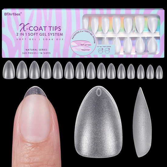Picture of BTArtbox Short Almond Nail Tips - Natural Short Fake Nails with Tip Primer Full Cover, Stronger Nail Adhesion, Clear Soft Gel Nail Tips for Nail Extensions DIY Art