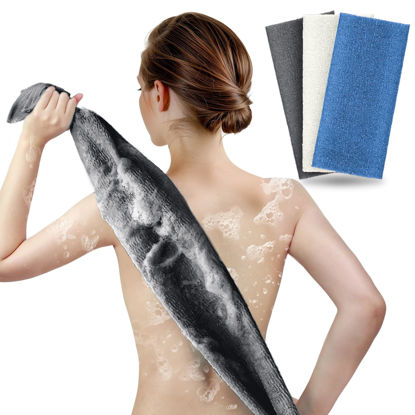 Picture of Exfoliating Washcloth Body Scrubber Back Scrubber for Shower Japanese Beauty Washcloth Bath Wash Cloth Korean Exfoliation Luffah Towel Net Sponge Loofah Scrub 3 Pack ARCH&M (Black Off-White Navy-Blue)