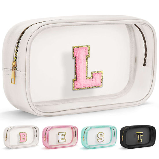 Picture of YOOLIFE Initial Make Up Bag Travel Toiletry Bag, Clear Makeup Bag Preppy Cosmetic Bag Gifts for Women Teen Girlfriend Teacher 6 Year Old Girl Gifts Daughter Gifts Swim Gifts For Girls White L