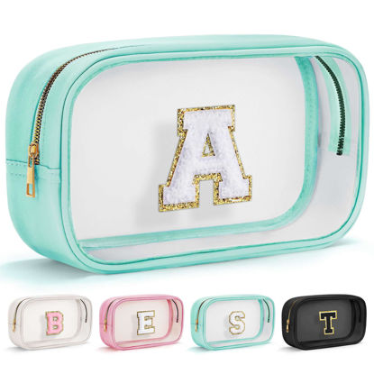 Picture of YOOLIFE Initial Clear Makeup Pouch, Clear Makeup Bag Cosmetic Travel Beach Toiletry Bag Travel Essentials Gifts for Women Teen Girlfriend Teacher Mom Brithday Gift for Women Teen Zipper Pouch Blue A