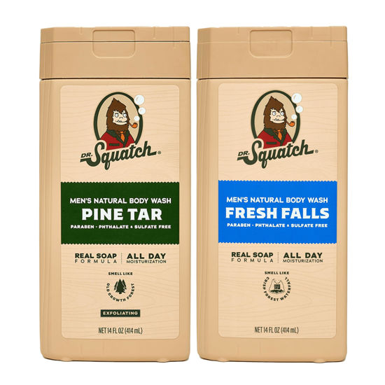 Picture of Dr. Squatch NEW Natural Body Wash for Men - Exfoliating and Non-Exfoliating - Pine Tar + Fresh Falls (14 oz, 2 Pack)