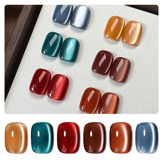 Picture of GAOY Silk Glitter Cat Eye Gel Polish Set with Magnet, 6 Colors IncludingJelly Red Green Brown Yellow UV LED Soak Off Nail Polish Home DIY Manicure Nail Salon Varnish