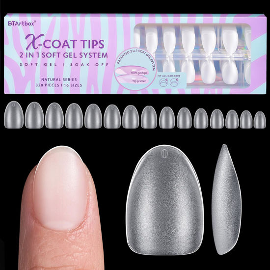Picture of Extra Short Almond Nail Tips - BTArtbox XCOATTIPS Gel Nail Tips Natural with Tip Primer Cover, Pre-shaped Full Matte Oval Gel Press On Nails Clear Soft Fake Nails for Valentines Day Gifts