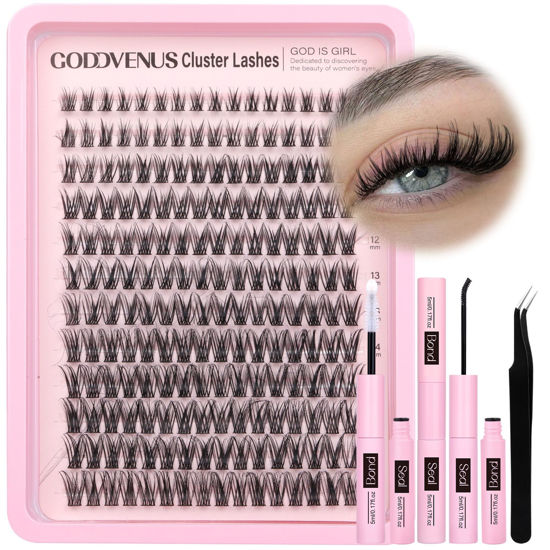 Picture of Goddvenus Lash Clusters Kit Wispy Lash Extension Kit Waterproof Lashes Clusters DIY Eyelash Clusters Kit with Natural Individual Eyelashes, Lashes Glue Bond and Seal and Lash Tweezers (D Curl 192pcs)