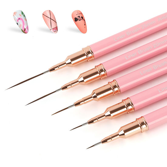 Picture of Artdone Metallic Nail Art Pens, Liner Brushes Set, 5PCS Pink Color Nail Tools For Long Lines, Thin Details, Fine Drawing, Liner Brush UV Gel Polish Painting Nail Design Sizes 5/8/12/20/25mm