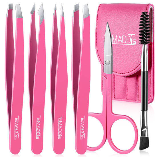 Picture of TsMADDTs 7 Pcs Tweezers Set, Tweezers for Women Facial Hair, Precision Tweezer for Eyebrows with Curved Scissors and Eyebrow Brush for Ingrown Hair