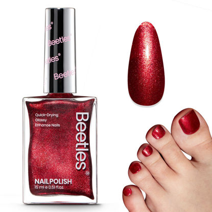 Picture of Beetles Nail Polish Red Glitter 1Pcs 15ml Ruby Radiance Fast Drying & Long Lasting Nail Polish Shimmer Red Color Art Effect for Nail Salon DIY Manicure