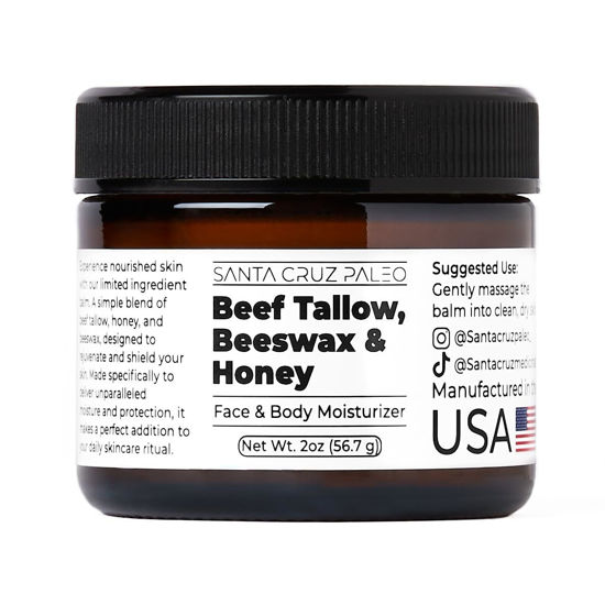 Picture of Santa Cruz Paleo Beef Tallow for Skin, Grass Finished & Grass Fed Beef Tallow and Honey Balm Body & Face Moisturizer, Organic Beeswax and Organic Honey, Light Scent, Moisturizing Natural Formula, 2 Oz
