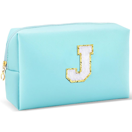 Picture of URSKYTOUS Gifts for Girls Initial Makeup Bag Personalized Cosmetic Bag with Zipper Cute Travel Toiletry Bag Waterproof PU Preppy Makeup Pouch Birthday Gift for Teen Girls Women(Blue J)