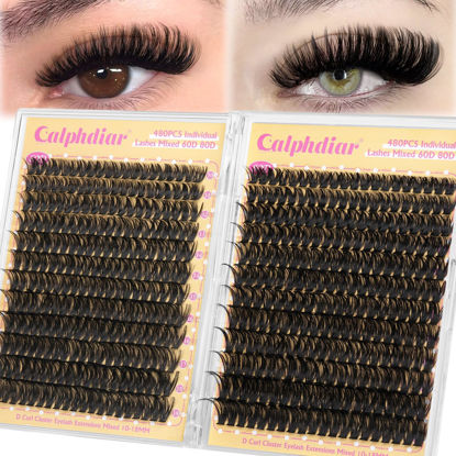 Picture of calphdiar Lashes Clusters 60D+80D Thick Eyelash Clusters 480PCS Wispy Lash Clusters Eyelash Extensions Fluffy D Curl Individual Lashes 10-18mm DIY Volume Lash Extension at Home