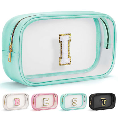 Picture of YOOLIFE Initial Travel Toiletry Bag, Clear Makeup Bag Preppy Cosmetic Bags Organizer Travel Essentials Gifts for Women Teen Girlfriend Teacher Mom Brithday Clear Makeup Bags With Zipper Blue I