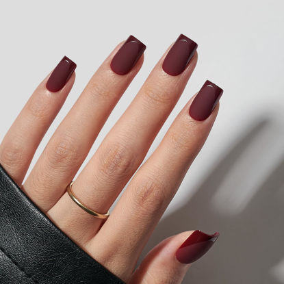 Picture of BTArtbox Press on Nails Short Square - Dark Red Nails with Glossy French Tips in a Matte Finish, Soft Gel Fake Nails Glue On Nails in 16 Sizes for for Valentine's Day Gift, Cozy Cocoa