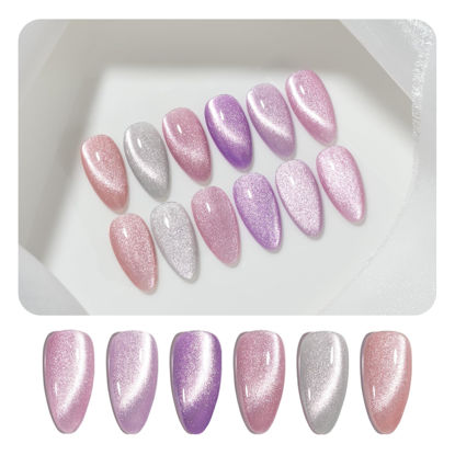 Picture of GAOY Glitter Purple Cat Eye Gel Nail Polish Set with Magnet for Pink Holographic Cat Eye, Salon Gel Manicure and Nail Art DIY at Home