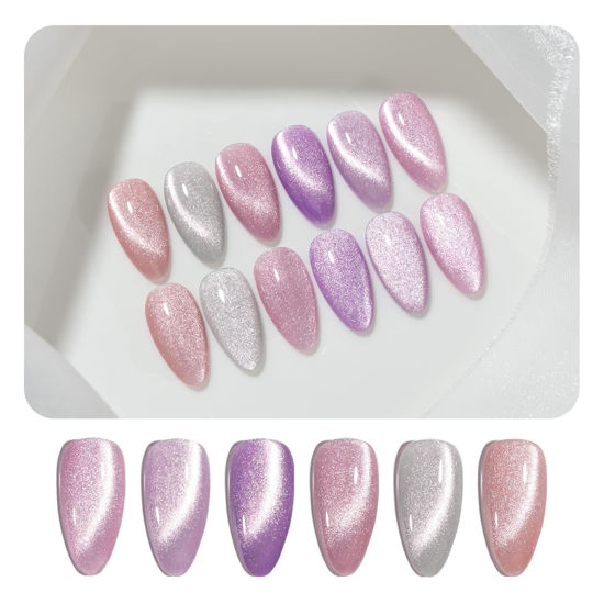 Picture of GAOY Glitter Purple Cat Eye Gel Nail Polish Set with Magnet for Pink Holographic Cat Eye, Salon Gel Manicure and Nail Art DIY at Home