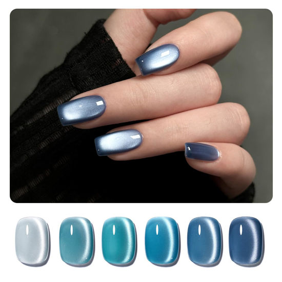 Picture of GAOY Blue Cat Eye Gel Nail Polish Set with Magnet for Glitter Holographic Cat Eye, Salon UV Gel Manicure and Nail Art DIY at Home, Sparkling Amber