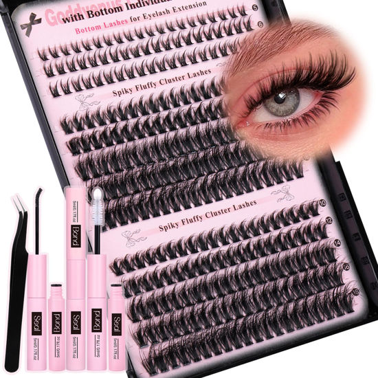 Picture of Goddvenus Lash Extension Kit Wispy Lash Clusters Kit Natural C Curl Fluffy Cluster Eyelash Extensions Individual Lashes Kit with Bottom Lash Clusters Waterproof Bond and Seal Tweezers DIY at Home